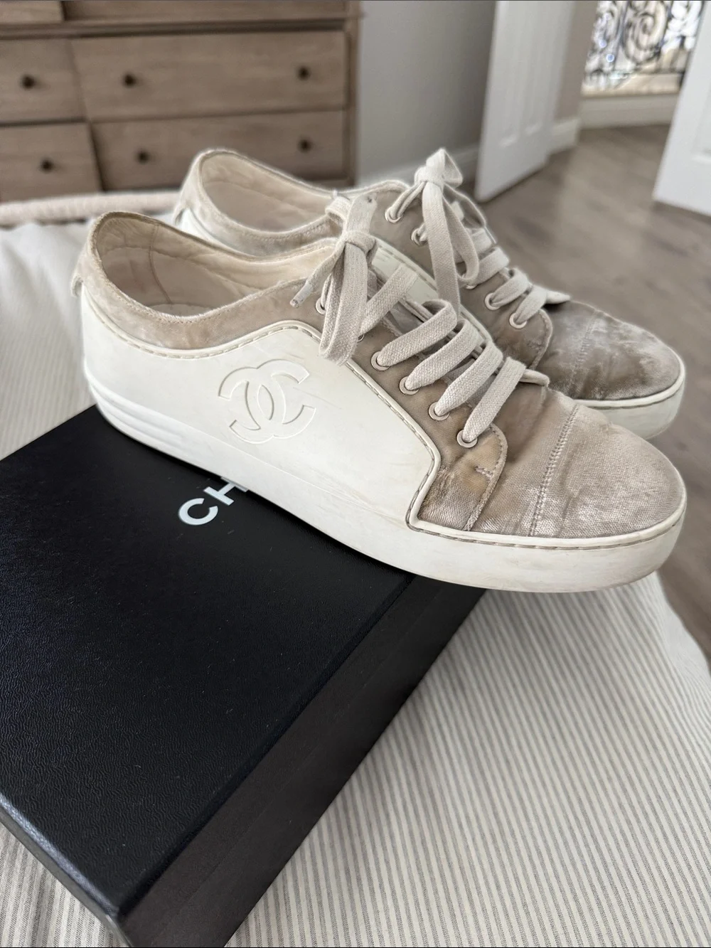 CHANEL Neutral Beige Velvet Low-Top Sneakers